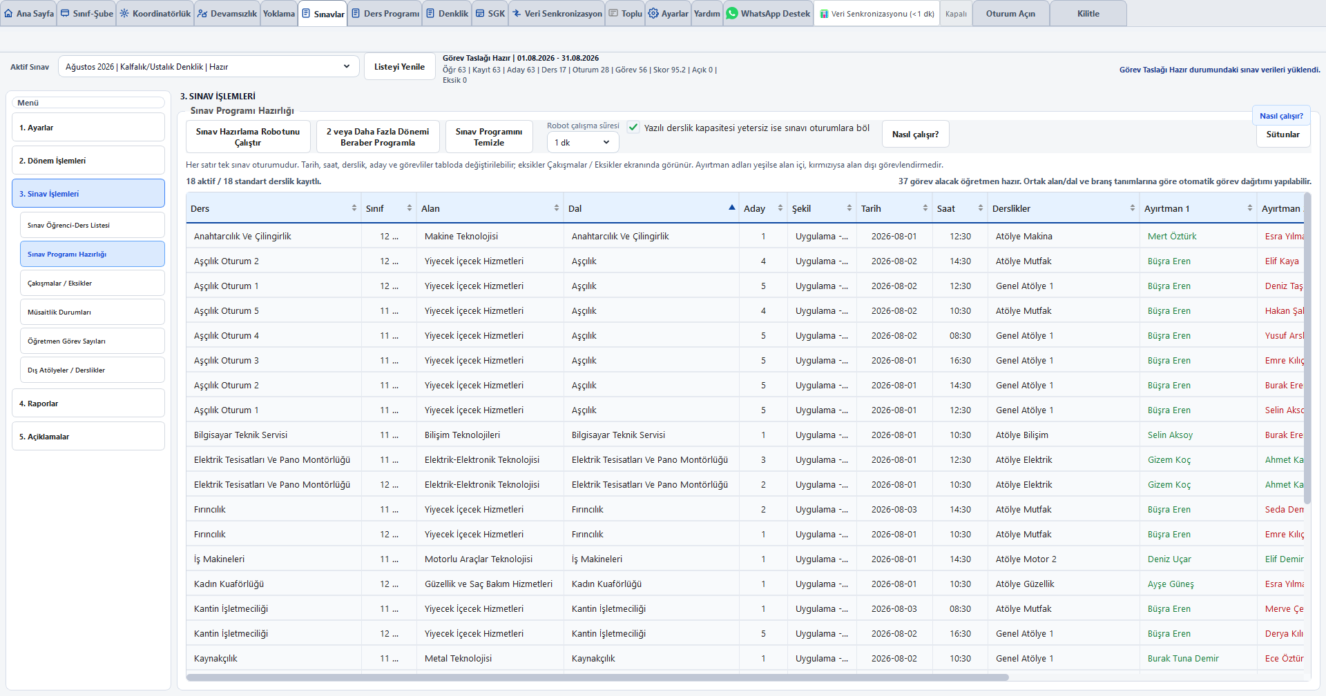 Örnek sınav programı ekranı
